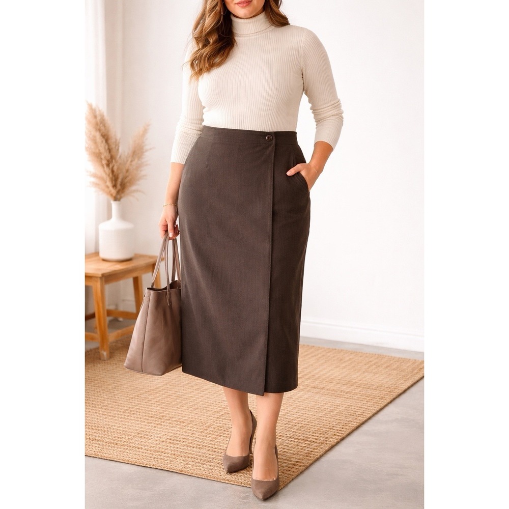 Lauren Ralph Lauren Women's 18W Brown Wool Skirt Classic Midi Straight Career